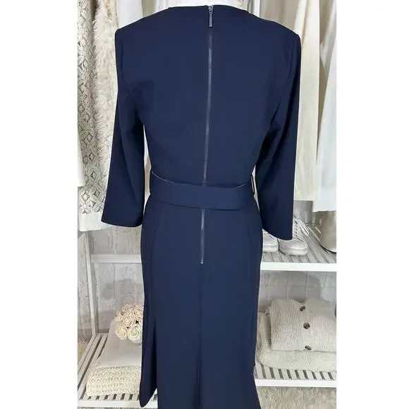 Calvin Klein Women's Sz 6 Navy Scuba Crepe 3/4 Sleeve Flounce Skirt Dress #0548 - Picture 5 of 11